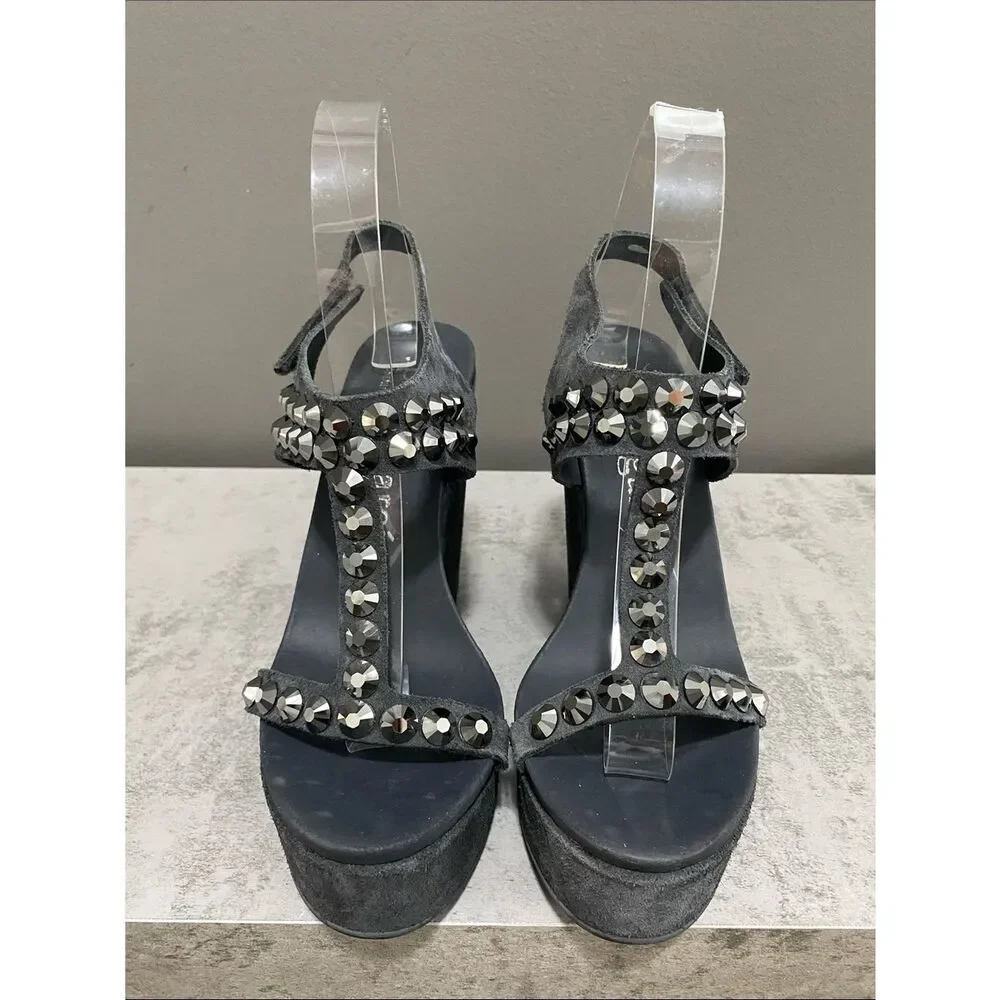 Pedro Garcia Swarovski Crystals Black Suede Platform Wedge Sandals Size 37 US 7
